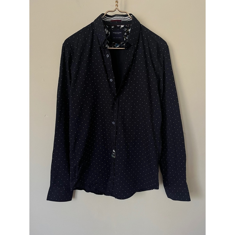 Denim & Flower Ricky Singh Mens Navy Blue Polka‎ Dot Printed Stretch Shirt Small